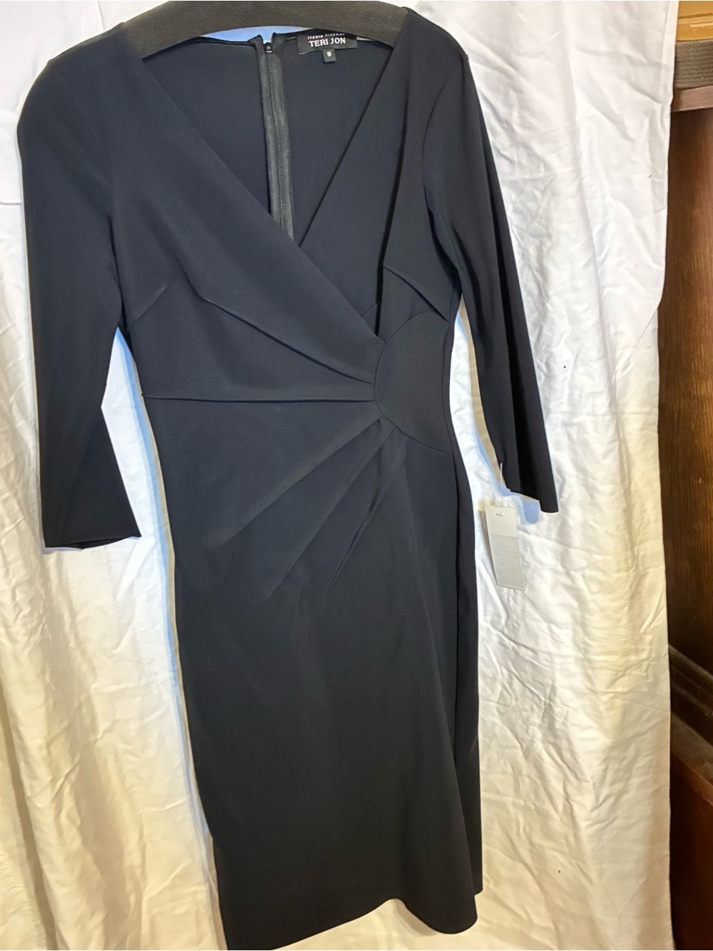 Teri Jon Black Long-Sleeve Sheath Dress with Draped Waist